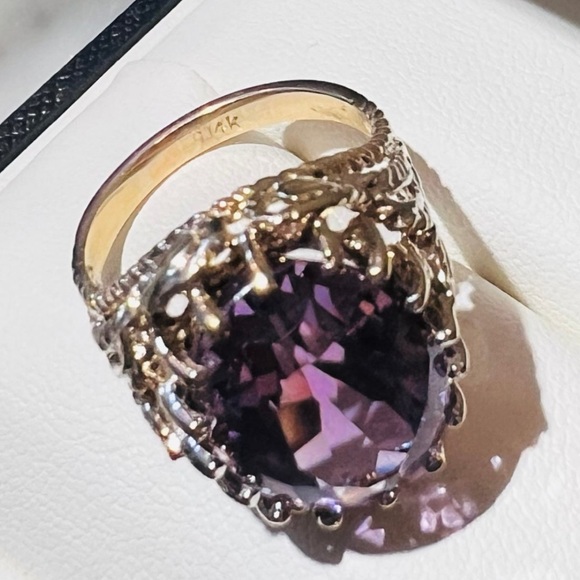 Vintage Estate Giant Amethyst Ring Solid 14k Gold caged prongs Filigree Ring 14K - Picture 3 of 16